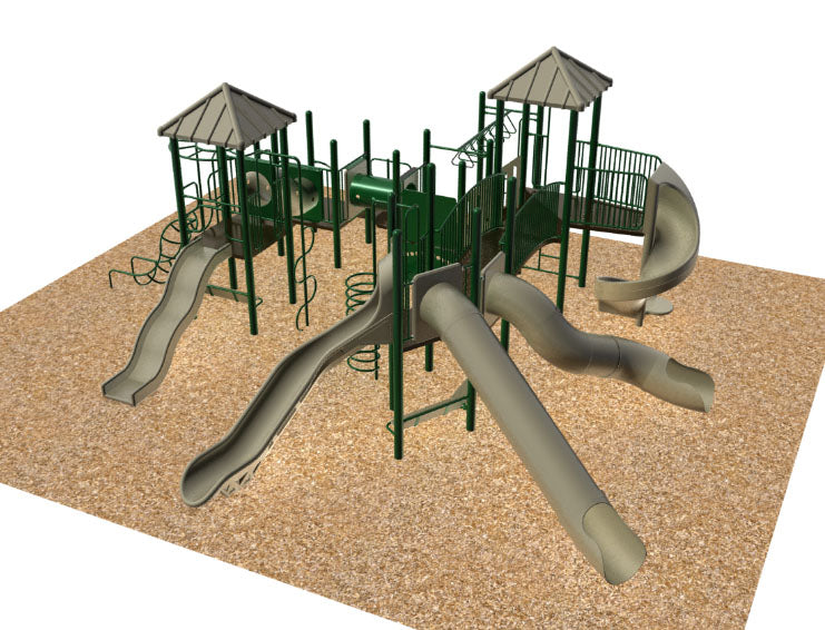 Aerial view of commercial playground with two roofed towers, slides, tube tunnels, and climbers; green and tan on mulch.
