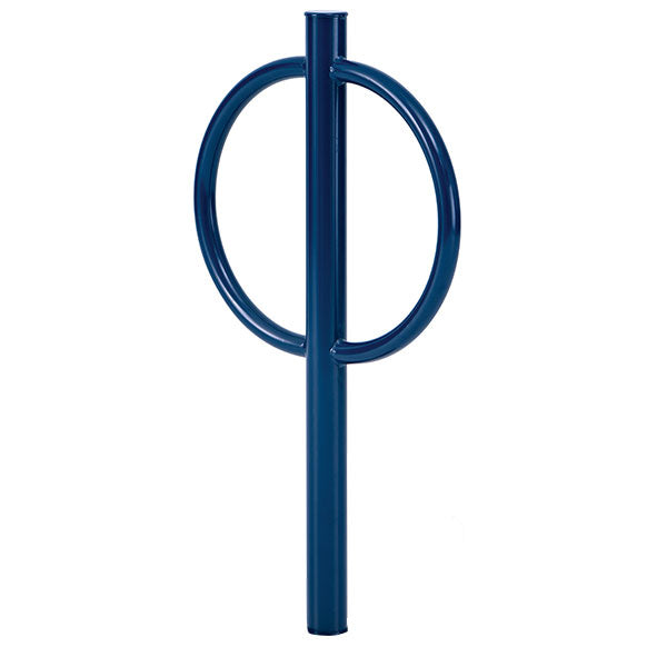 Blue powder-coated steel bollard bike rack with circular side rings securing two bicycles, designed for tight spaces and low volume use