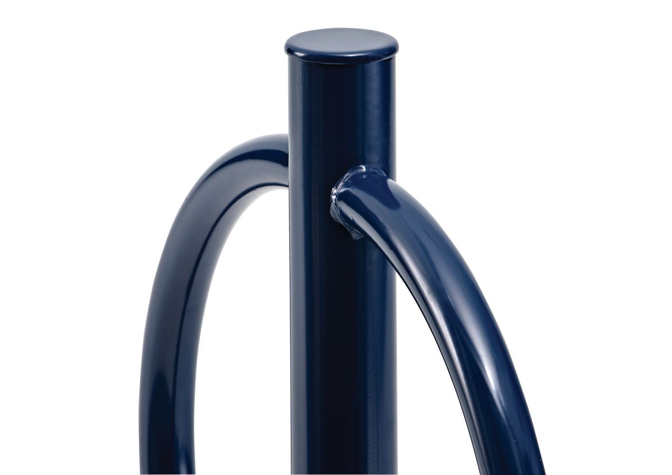 Dark blue powder-coated steel bollard bike rack with curved locking rings for securing two bicycles