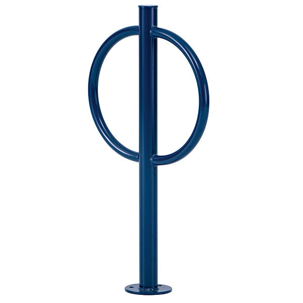Hitch Post Bicycle Rack in blue powder coat, bollard-style with circular side rings for secure bike locking