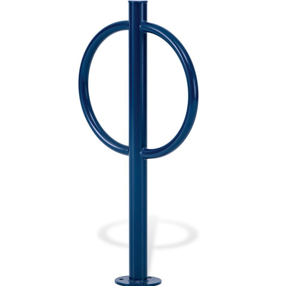 Blue powder-coated steel bollard bike rack with circular side rings and surface mount base