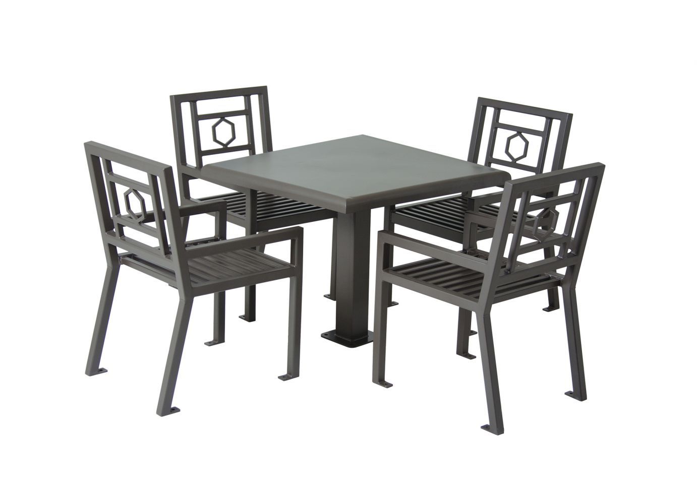Huntington Table with 4 Chairs, modern dark gray metal outdoor set with square table and decorative backrest chairs