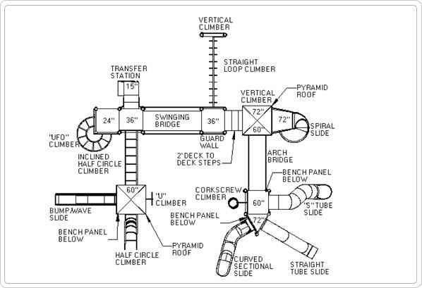 Overhead view of a large modular playground with multiple climbers, slides, bridges, and pyramid roofs in a complex layout