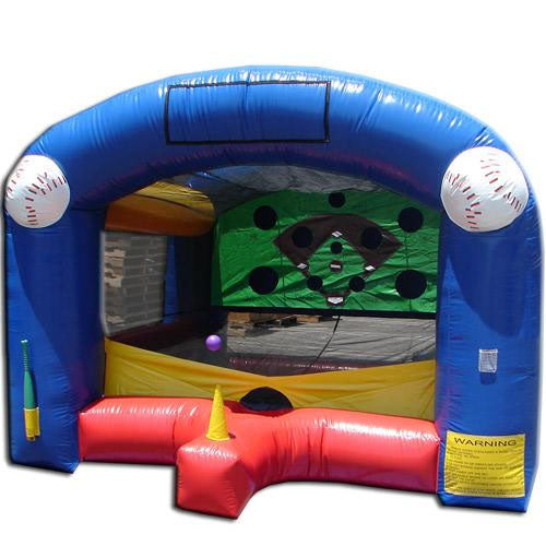 Colorful inflatable baseball-themed bounce house with pitching target, vibrant red, blue, and yellow design, and baseball graphics.
