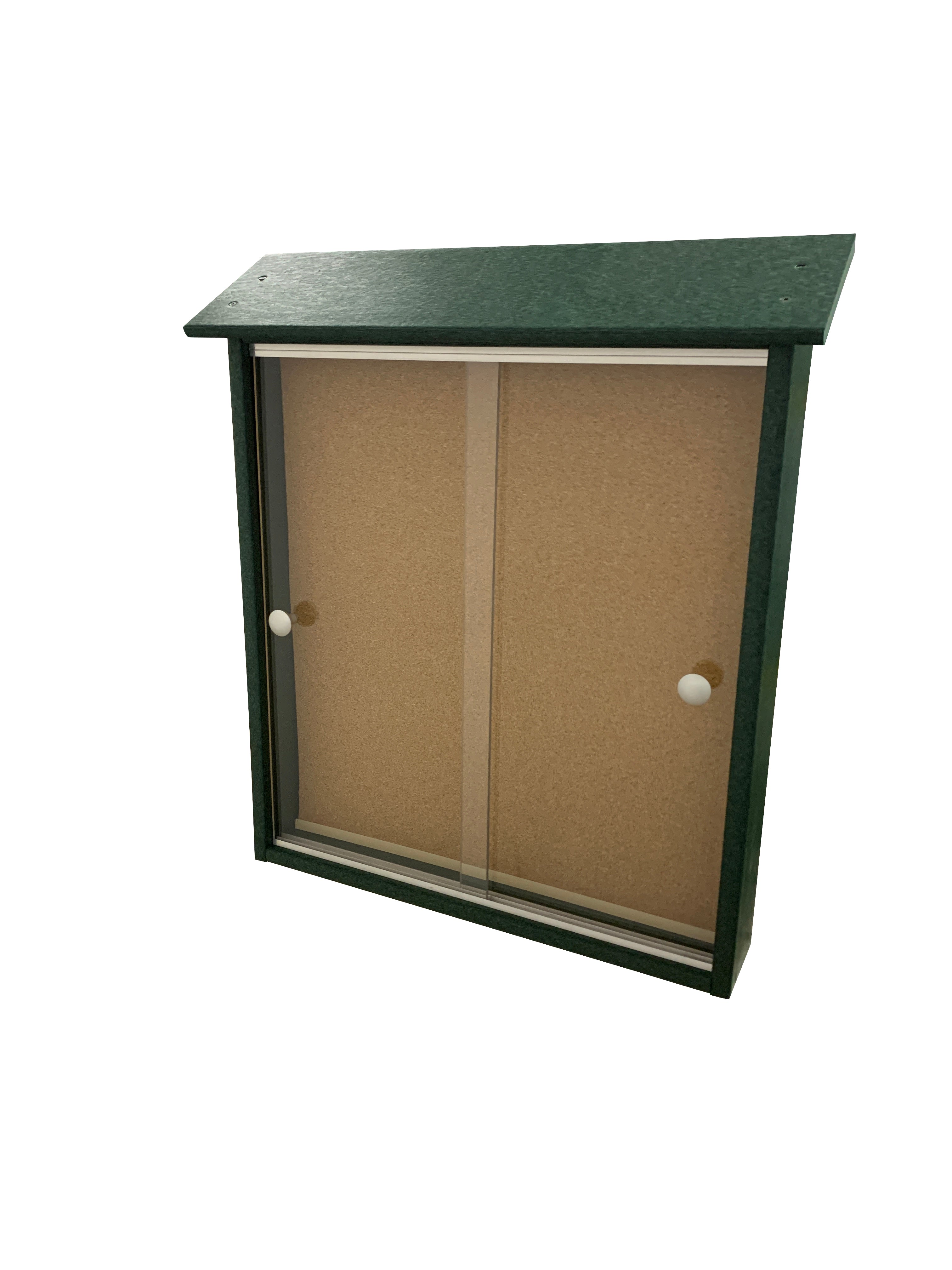 Hunter green outdoor bulletin board with sliding clear acrylic doors and cork backing for community messages