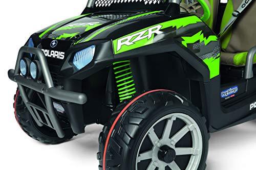 Green and black kids' off-road ride-on vehicle with side-by-side bucket seats, roll bar, and large traction wheels