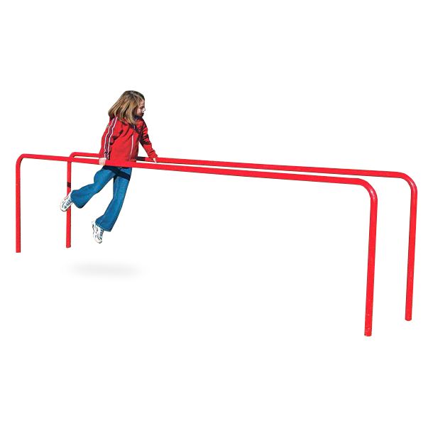 Red painted parallel bars with child climbing, designed for playground fitness, agility, and coordination training.