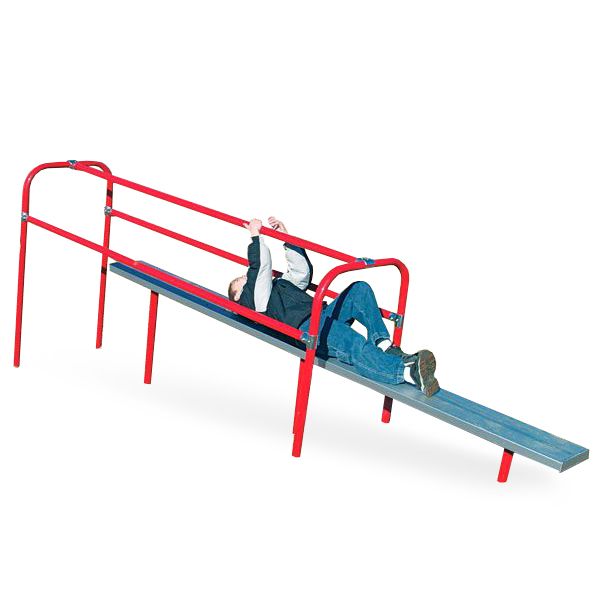 Pull Slide Challenge playground equipment with red frame and galvanized slide, child climbing and sliding on outdoor fitness course