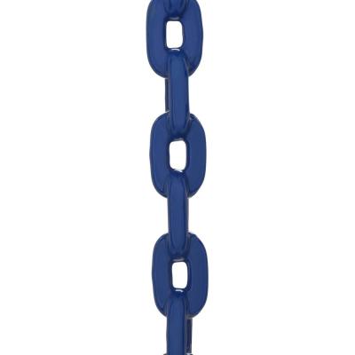 Close-up of blue plastisol-coated swing chains with safety chain for toddler swing seat