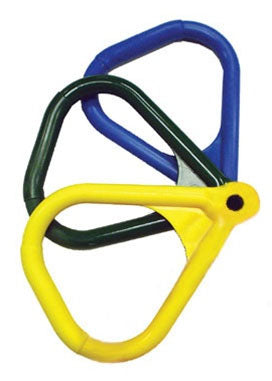 Three linked triangular polyethylene swing set rings in yellow, green, and blue colors.