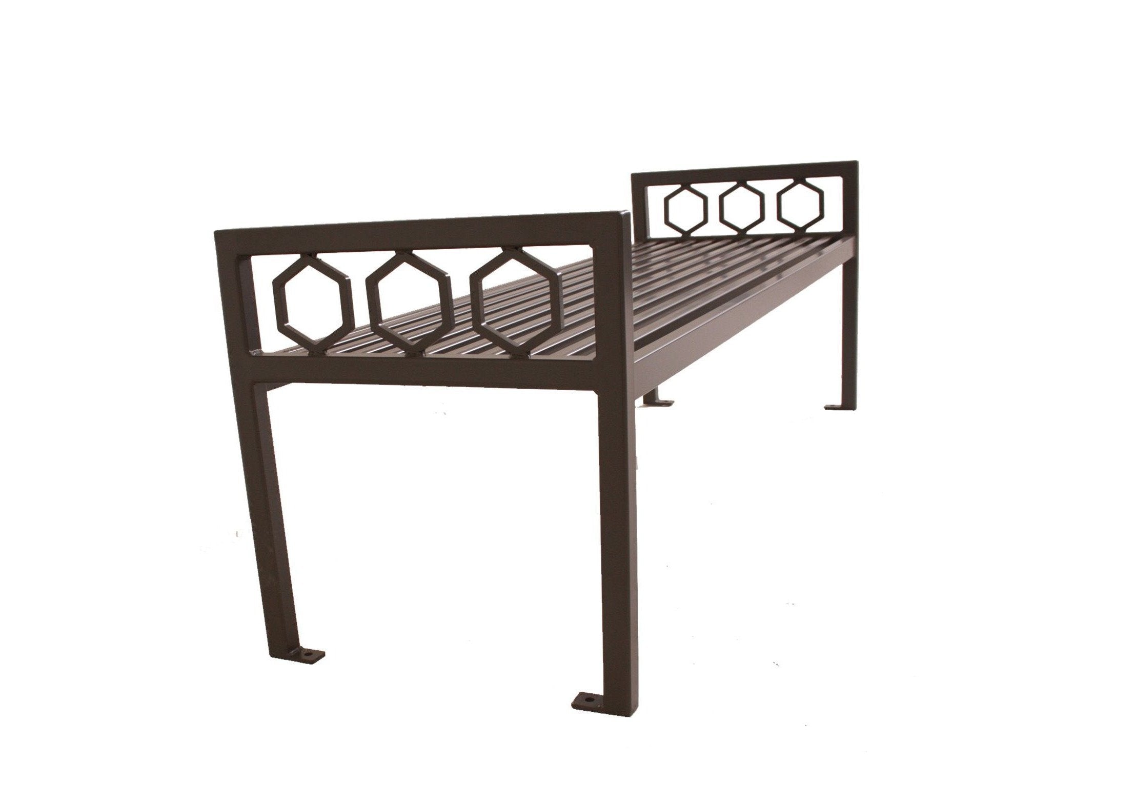 Huntington Bench without Back with hexagonal metal ends, dark powder-coated slatted seat, modern outdoor park bench design
