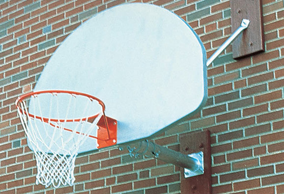 Aluminum Fan Wall Mounted Basketball Backboard with natural galvanized post, orange rim, white nylon net mounted on brick wall