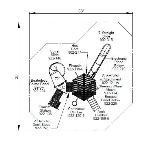 Top-down view of a large playground climber with hexagonal roof, spiral and straight slides, firepole, corkscrew and arch climbers, and interactive play panels.