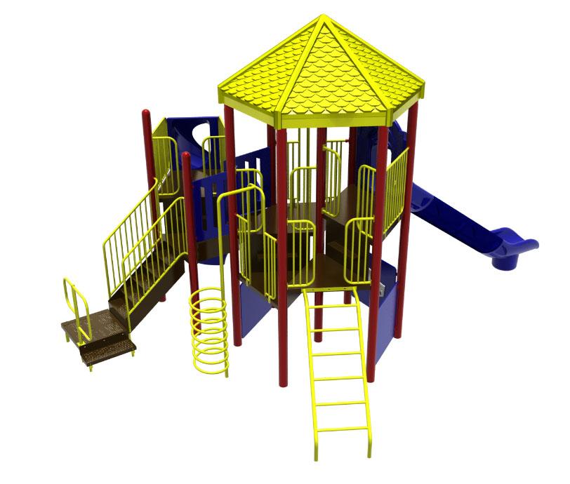 Colorful playground climber with hexagonal roof, spiral and straight slides, stairs, ladders, firepole, and multiple interactive play panels.