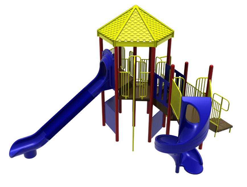 Colorful playground climber with yellow hex roof, blue spiral and straight slides, red posts, yellow railings, and multiple climbing features
