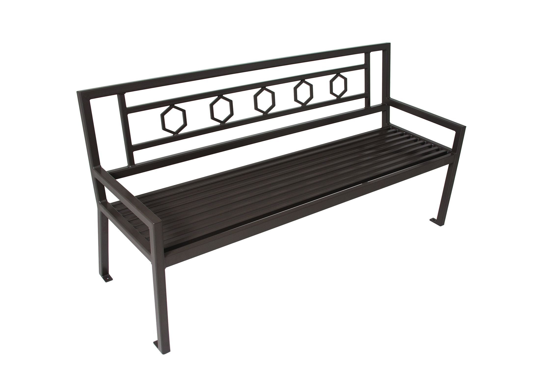 Huntington Bench with Back featuring black powder-coated metal frame, hexagonal geometric backrest, and slatted seat for outdoor seating