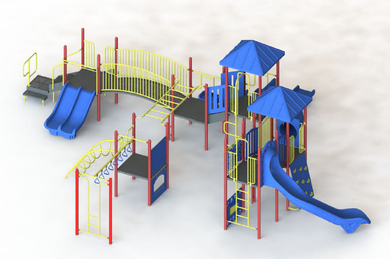Outdoor playground with multiple blue slides, yellow railings, red posts, climbing walls, and interconnected platforms