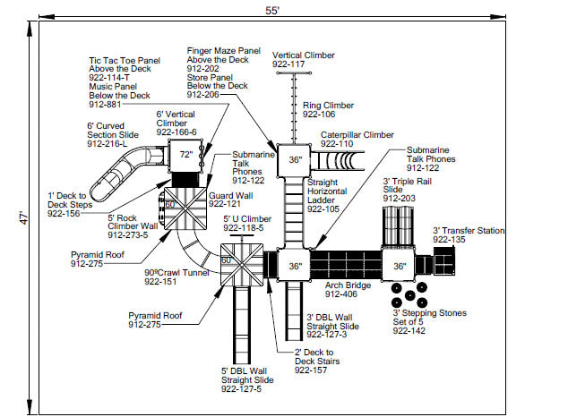 Top-down view of a large playground system with multiple slides, decks, climbers, tunnels, and interactive panels