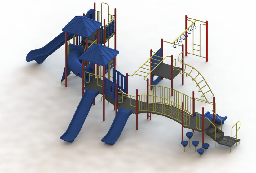 Outdoor playground structure with multiple blue slides, yellow railings, red supports, and various climbing and crawling elements.