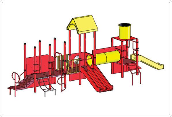Colorful modular playground with red platforms, yellow roof, slides, climbing features, and connecting tunnel.