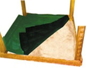 Green and black heavyweight mesh sandbox cover with stainless steel snaps secured on wooden sandbox frame