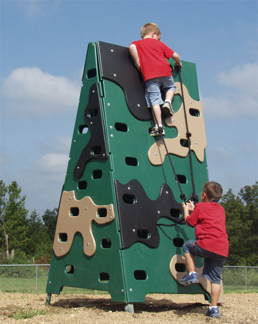 Outdoor camo-pattern climbing wall with assistance ropes, two children climbing, promoting fitness and coordination