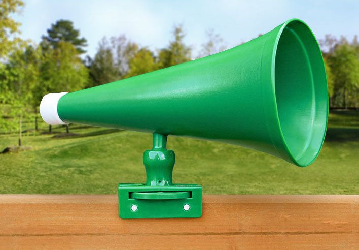 Megaphone Swing Set Accessory in green heavy-duty plastic mounted on wooden railing outdoors with UV-resistant finish