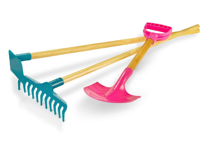 Sandbox Tool Kit with solid wood handles and durable plastic shovel, hoe, and rake in bright pink and teal colors.