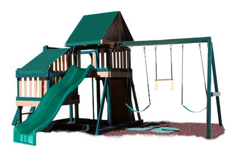 Wooden playset with green wave slide, two swings, trapeze bar, rock climbing wall, ladder, and vinyl canopy roof