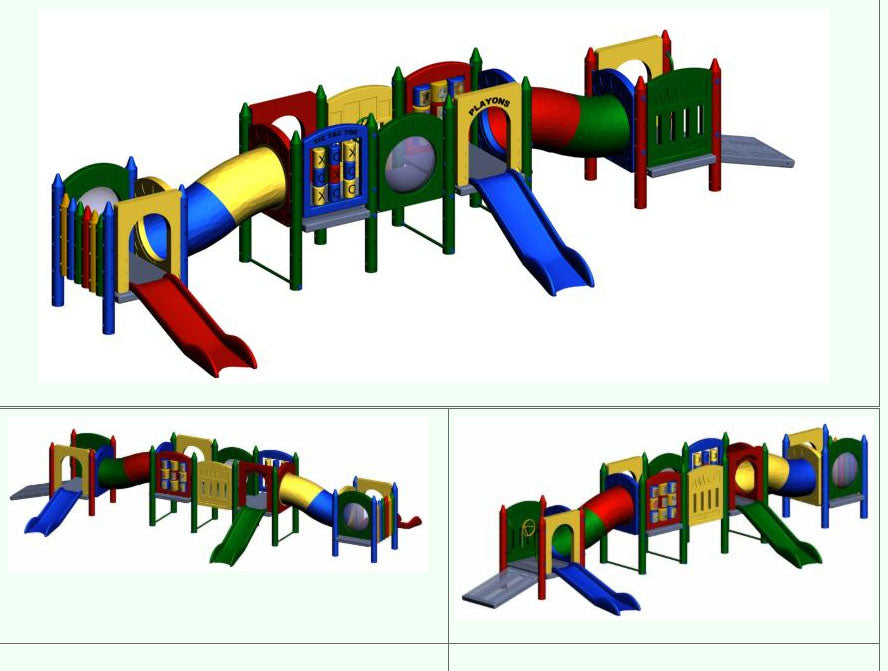 Fort Towson ME 2 Playground with colorful crayon-themed towers, slides, tunnels, and activity panels in outdoor play setting