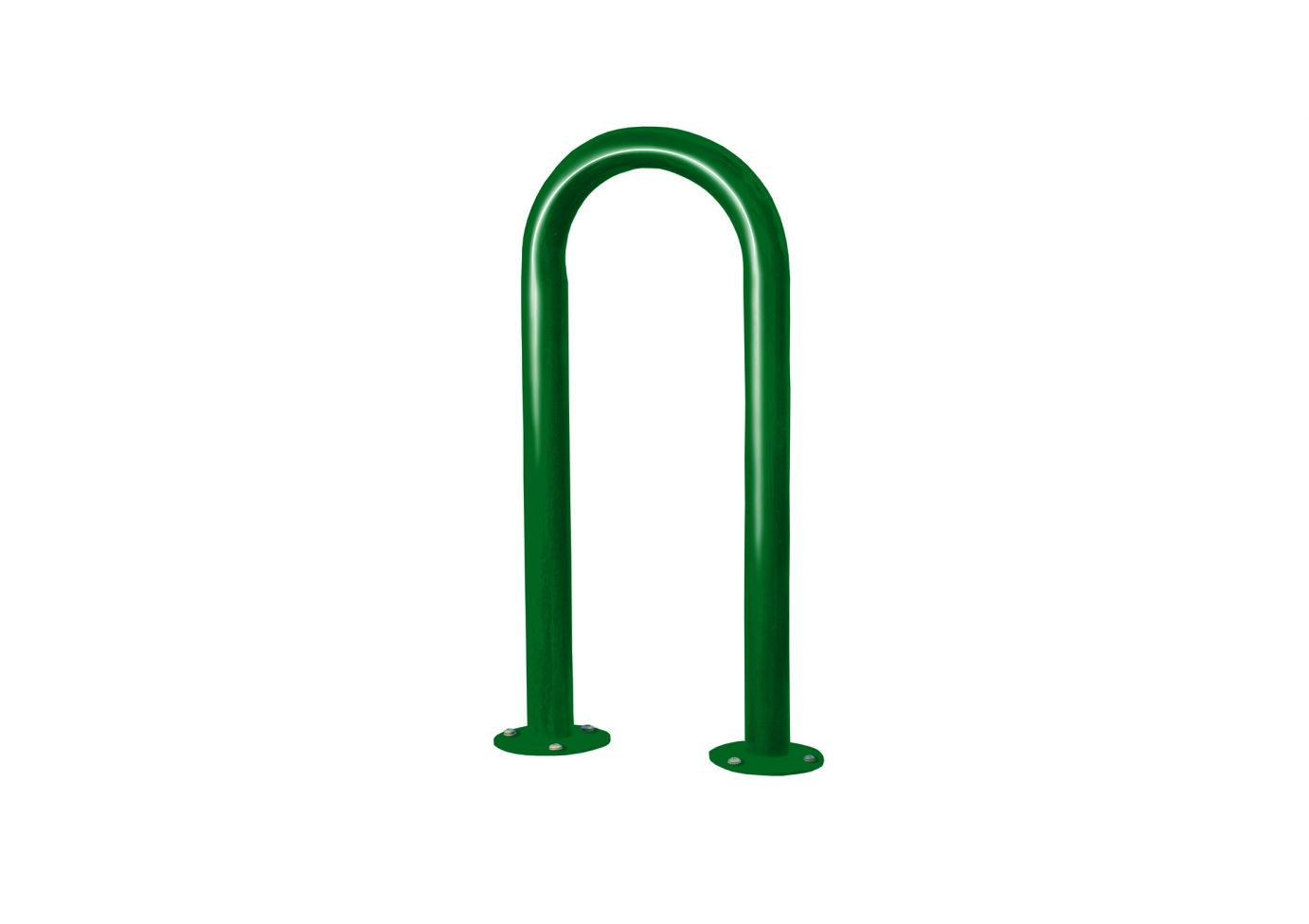 Green powder-coated steel loop bike rack with two mounting flanges for surface installation
