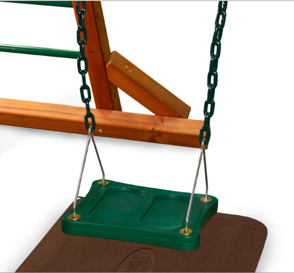 Stand 'N Swing green plastic swing seat with molded foot holders and grippy coated chains on wooden swing set frame