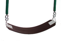 Black commercial-grade swing seat with steel core and galvanized hardware hanging from green chains