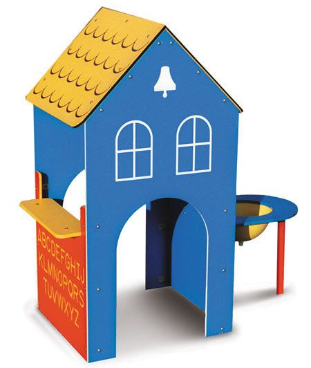 Sand And Water Schoolhouse outdoor playhouse with blue walls, yellow roof, alphabet panel, and water play feature.