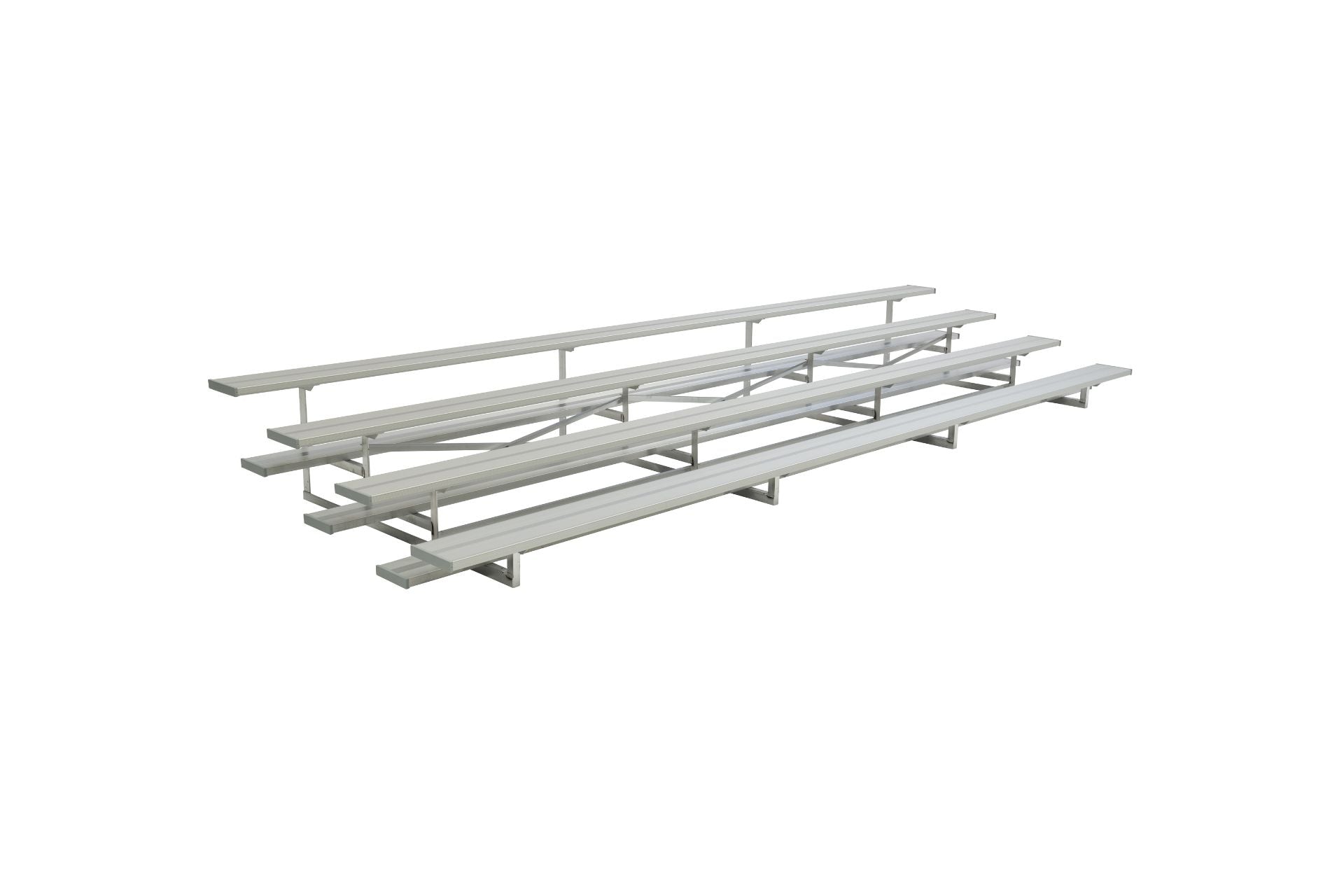 5 Row Low Rise Standard Vertical Picket Bleachers with anodized aluminum seats and vertical picket guardrail, angled side view