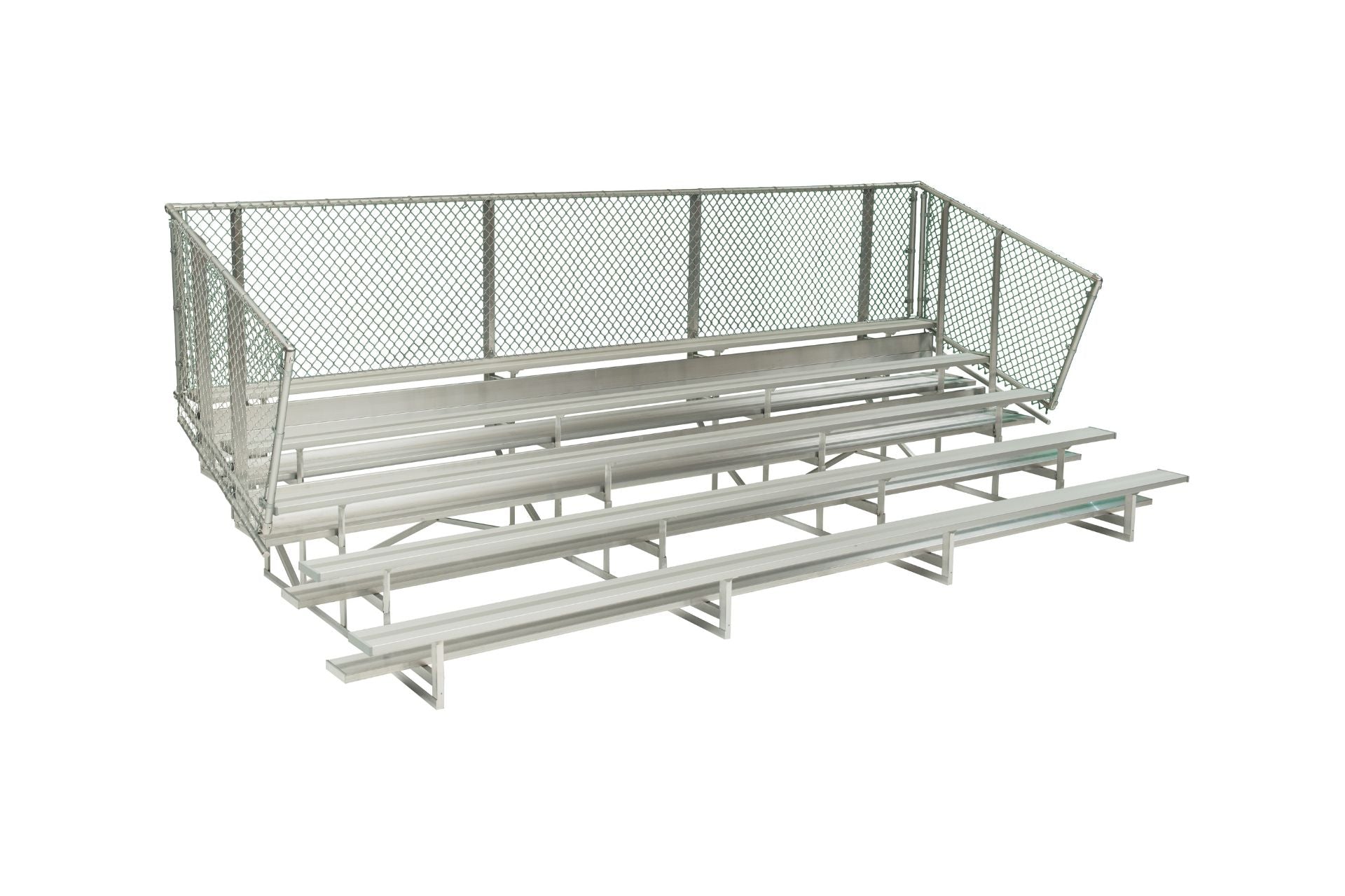 5 Row Standard Bleachers with anodized aluminum seats, chain-link guardrails, and angled side view showing foot planks and understructure