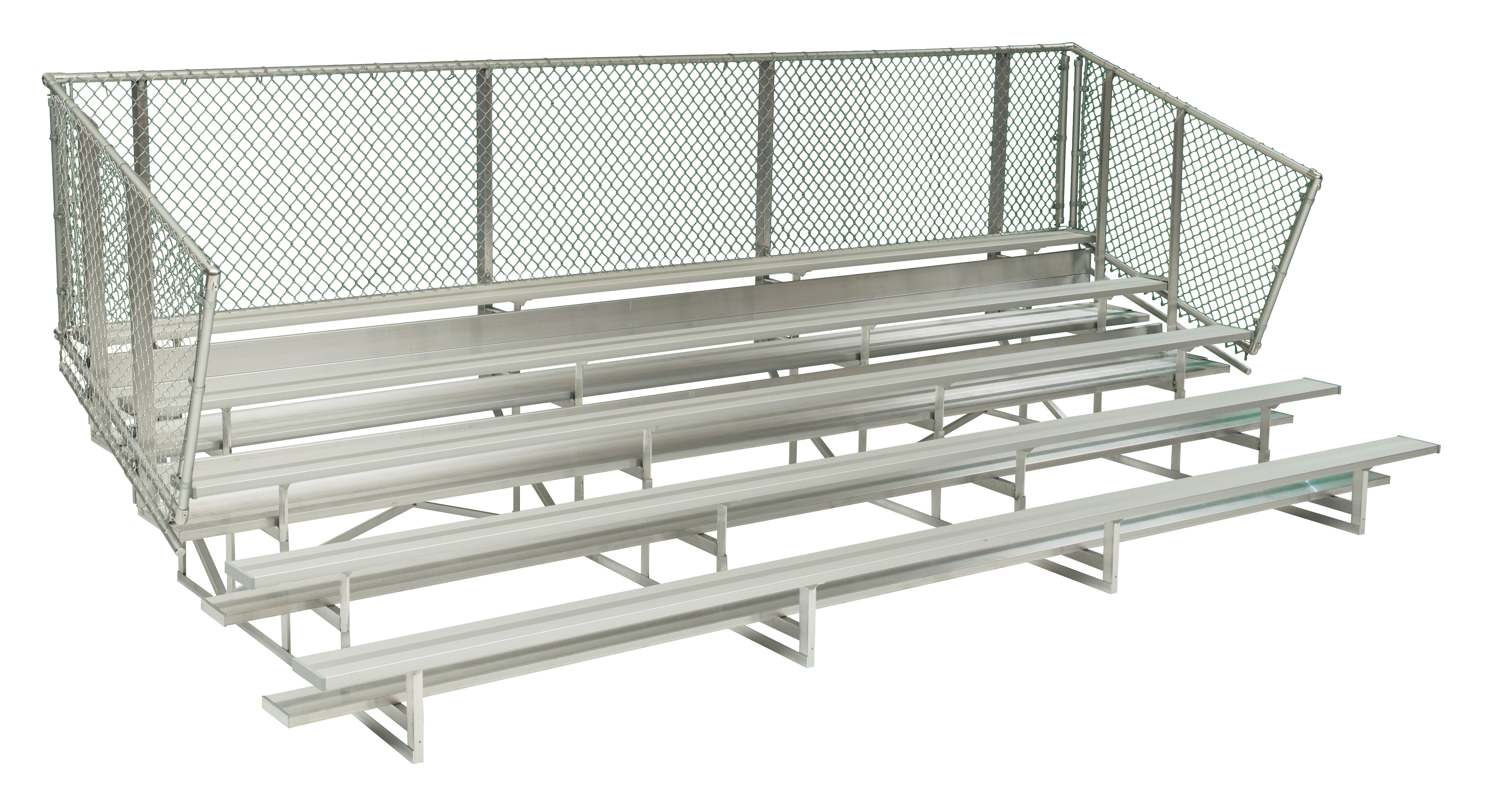 Five-row aluminum bleachers with anodized seat planks and chain-link guardrail for spectator seating