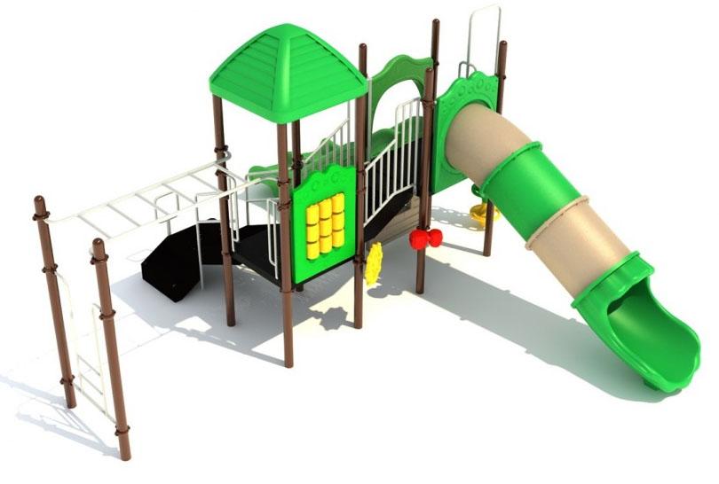 Elevated green and tan play structure with tube slide, double slide, climbers, ladders, and interactive panels for children’s outdoor play