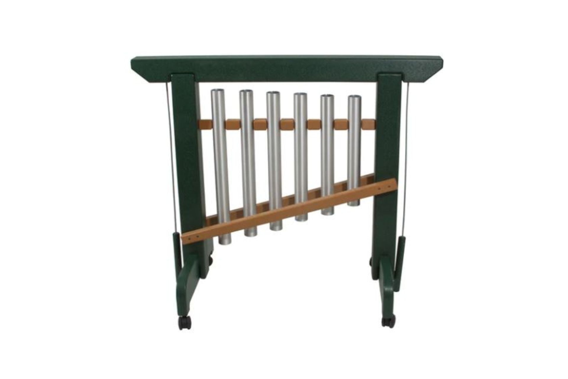 6-Note Eco Chime Unit with six aluminum chimes in a green recycled plastic frame and wooden striker bars on wheels