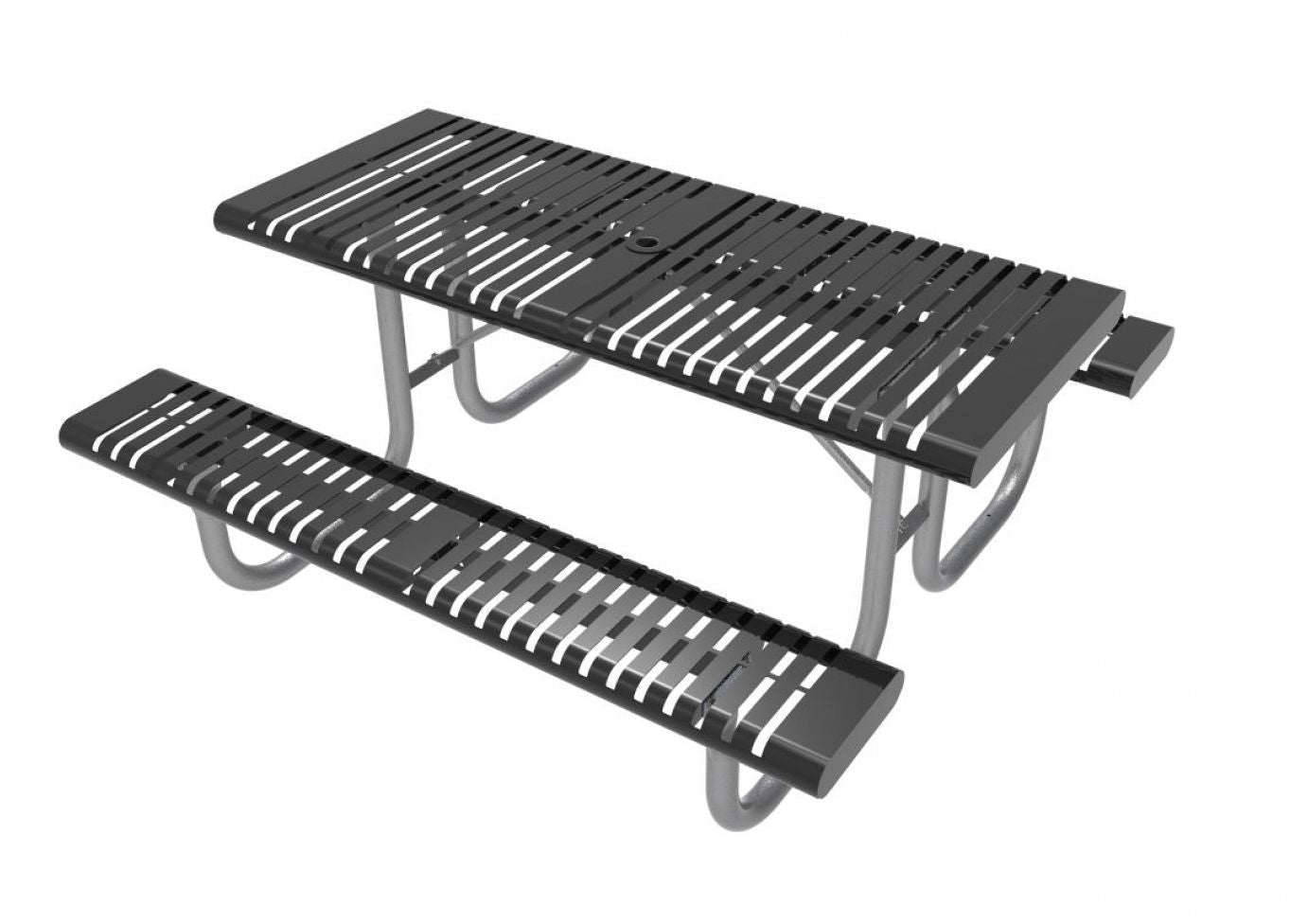 Oxford Table with black thermoplastic slats and powder-coated steel frame, durable outdoor picnic seating for parks and community spaces
