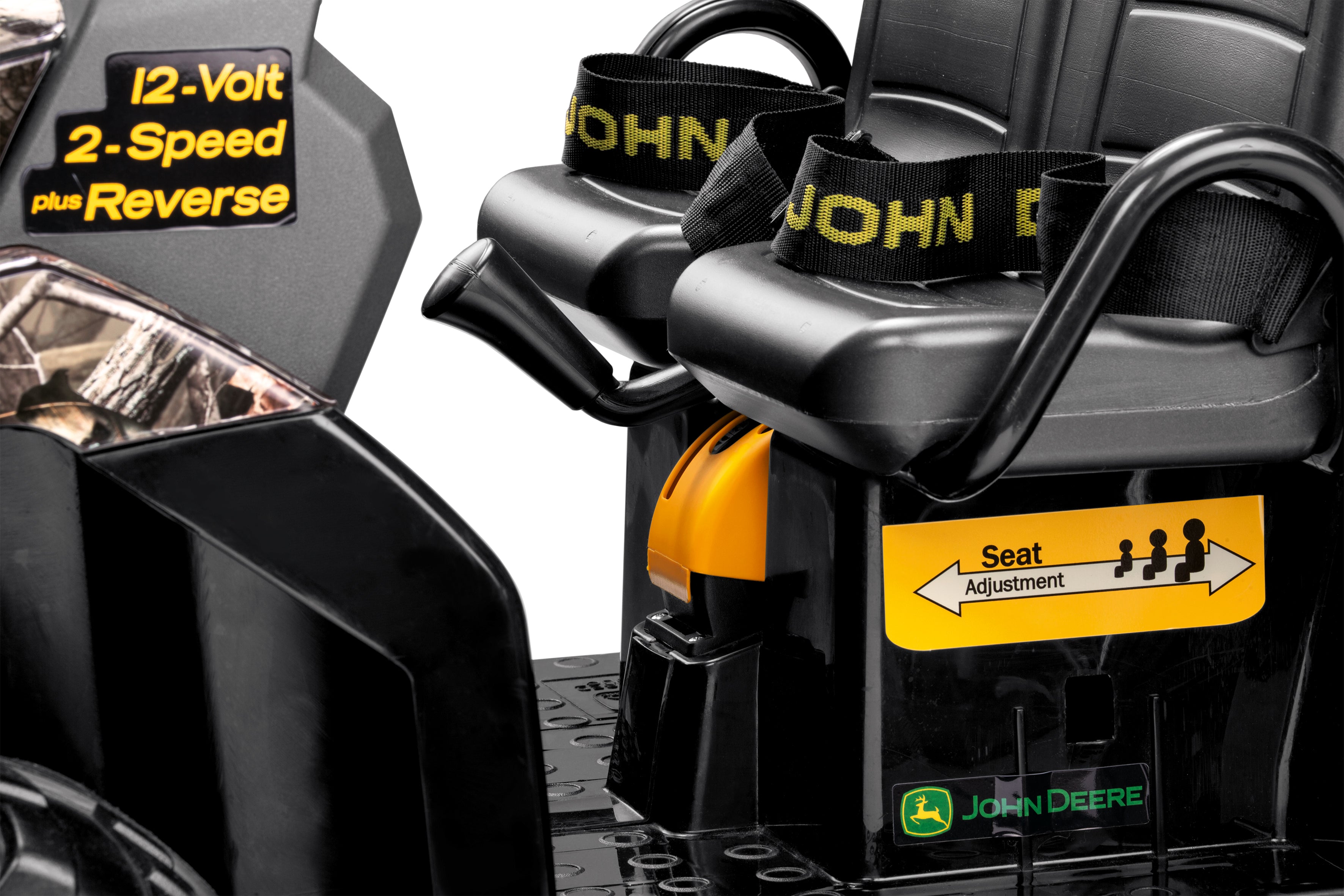 Black and yellow ride-on vehicle seats with adjustable seat belts and 2-speed shifter controls on a John Deere Gator XUV Camouflage toy
