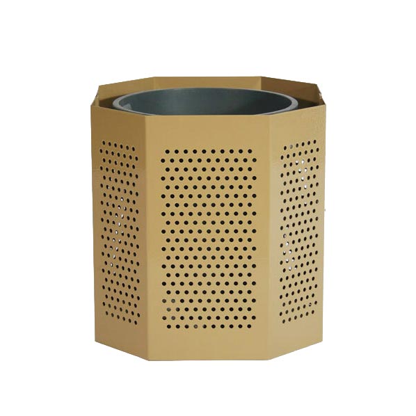Perforated steel trash receptacle with thermoplastic coating, hexagonal beige open-top design, durable outdoor trash can
