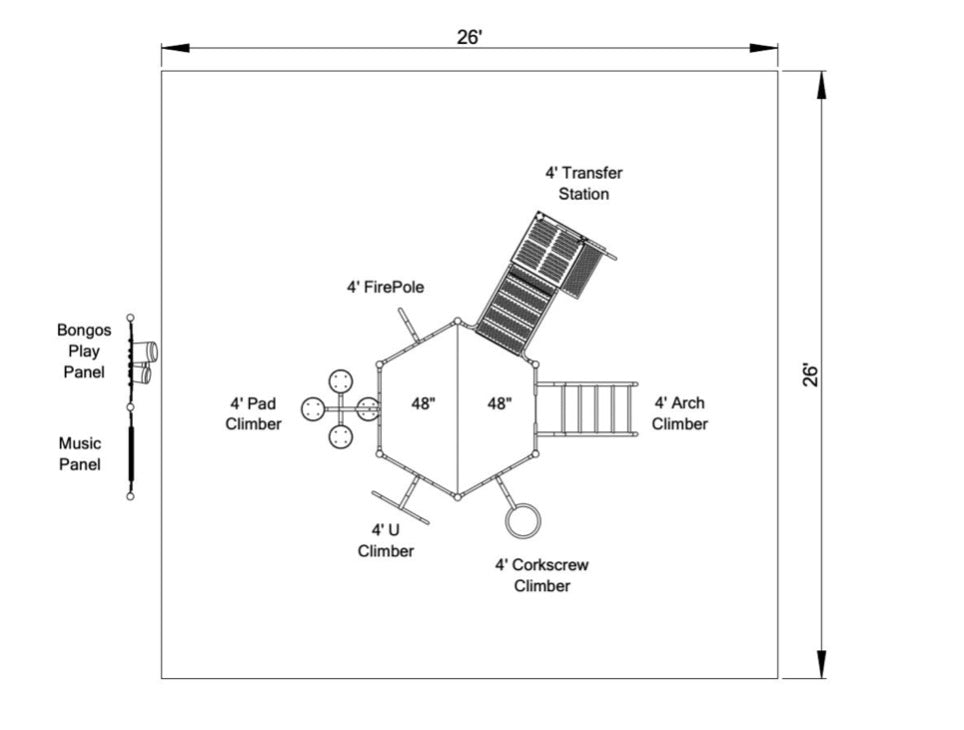 Overhead view of playground climber with hexagonal deck, multiple climbers, firepole, transfer station, and interactive play panels.