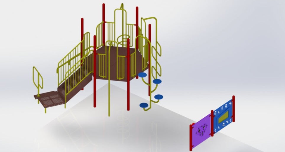 Playground climber with hex deck, spiral and arch climbers, firepole, and interactive spinner and gear panels in red, yellow, and blue