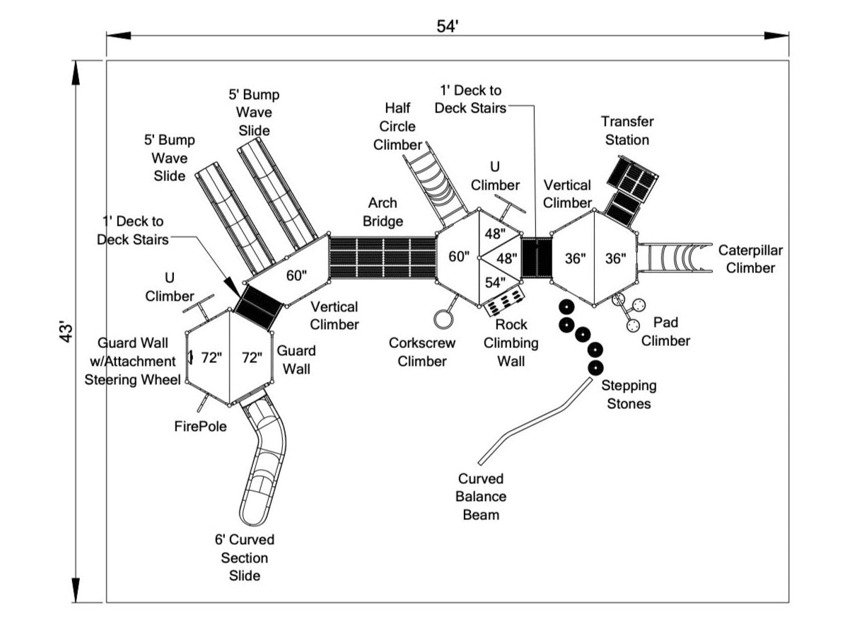 Overhead view of a large playground system with slides, multiple climbers, stairs, balance beam, arch bridge, and transfer station