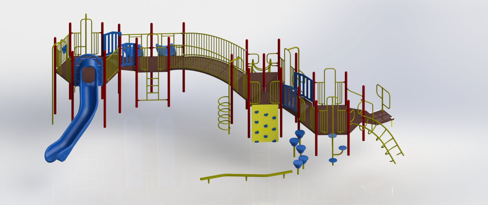 Large colorful outdoor playground with slides, climbing walls, bridges, and various climbing elements in blue, red, and yellow.