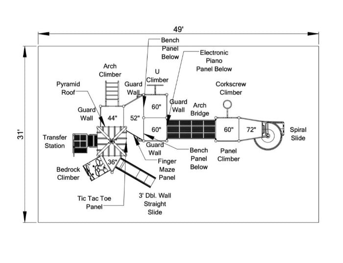 Overhead view of a large redwood playground system with slides, climbers, bridges, and interactive panels for outdoor play