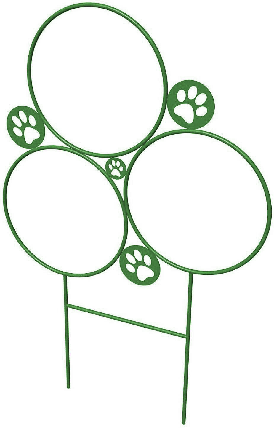 Green metal dog agility hoop jump with three circular rings and decorative paw print accents