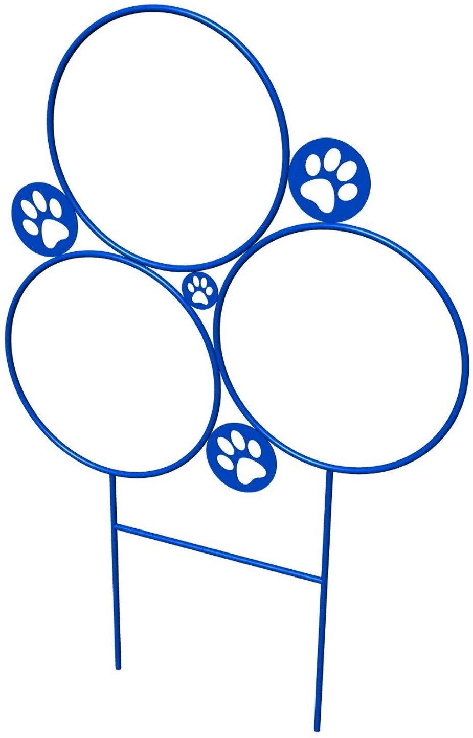 Blue dog agility hoop jump with three circular rings and paw print accents for training and play