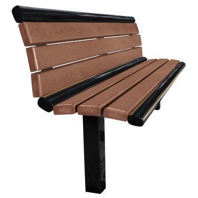 Outdoor bench with brown recycled plastic planks and black metal frame, durable and eco-friendly seating for parks and community spaces